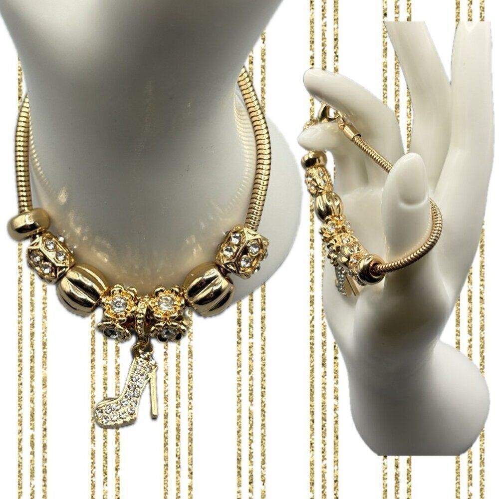 Anne Klein-Crystal-Textured-Polished Beads Pave High Heel Charm Rope Bracelet